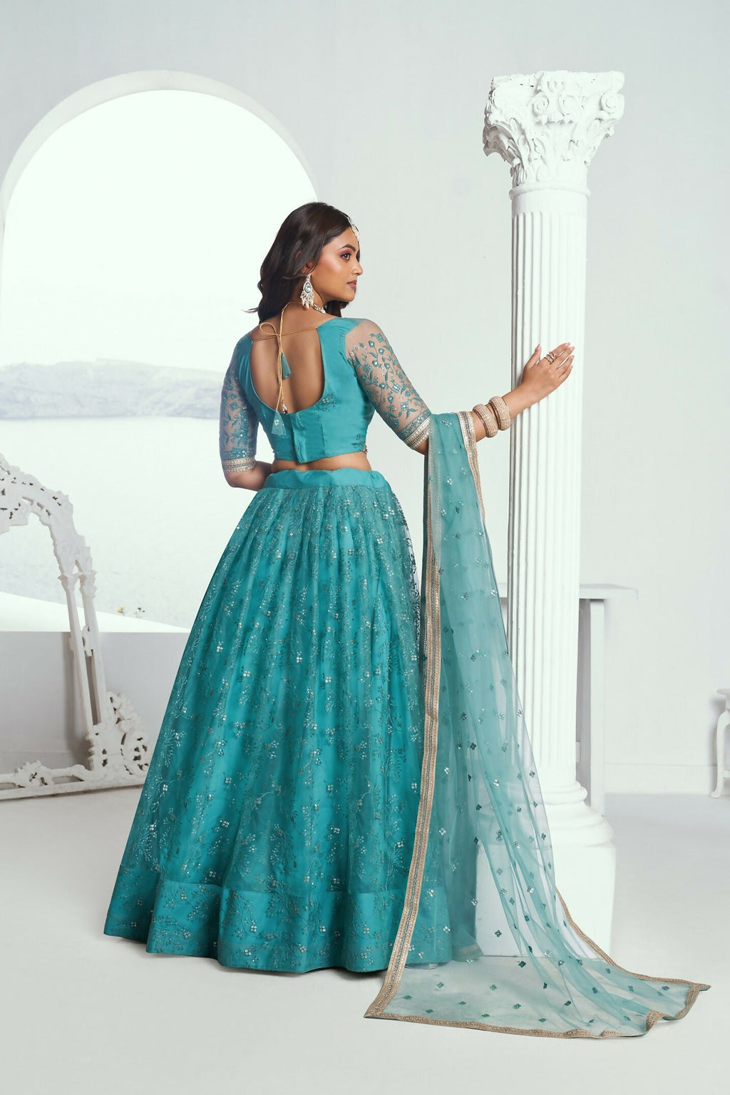 Eilara Beautiful Teal Net With Embroidered And Thread Zari Sequence Wedding Lehenga Choli