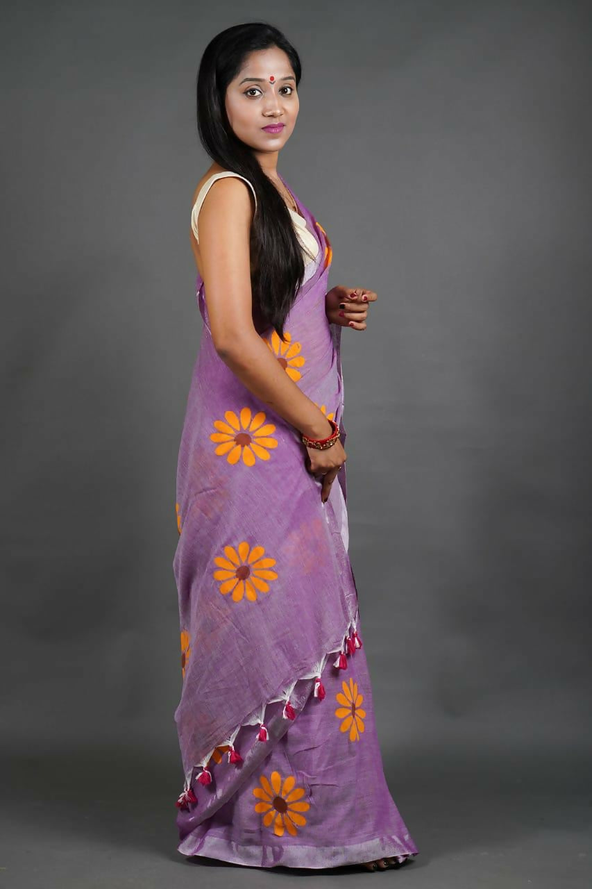 Exclusive Collection Pink Pure Cotton Saree With Sunflower Design - Distacart