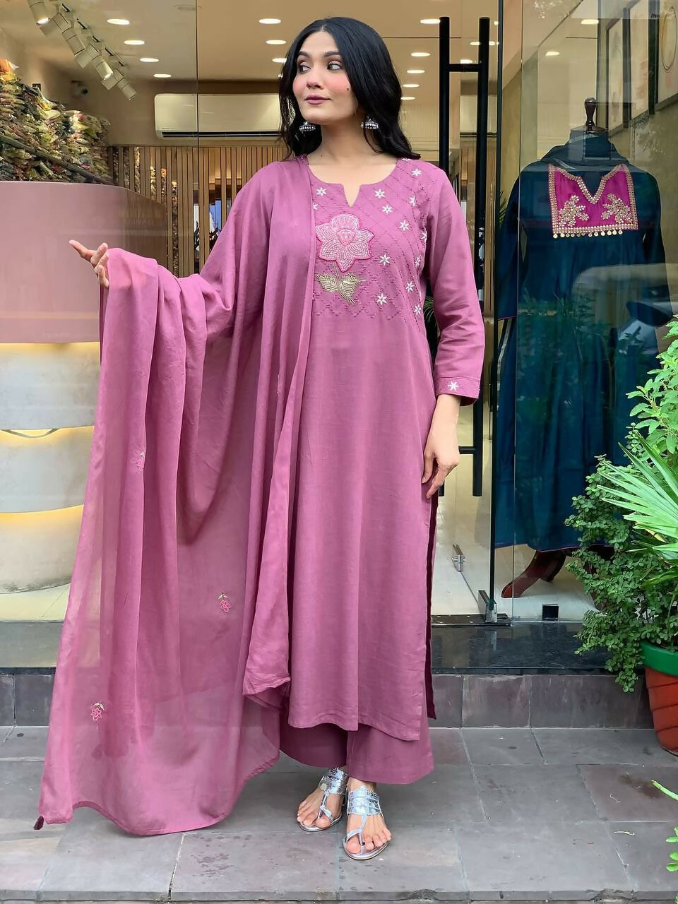 The52 Peach Women's Gorgeous Embroidered Cotton Fabric Straight Kurta Pant with Dupatta Set - Distacart