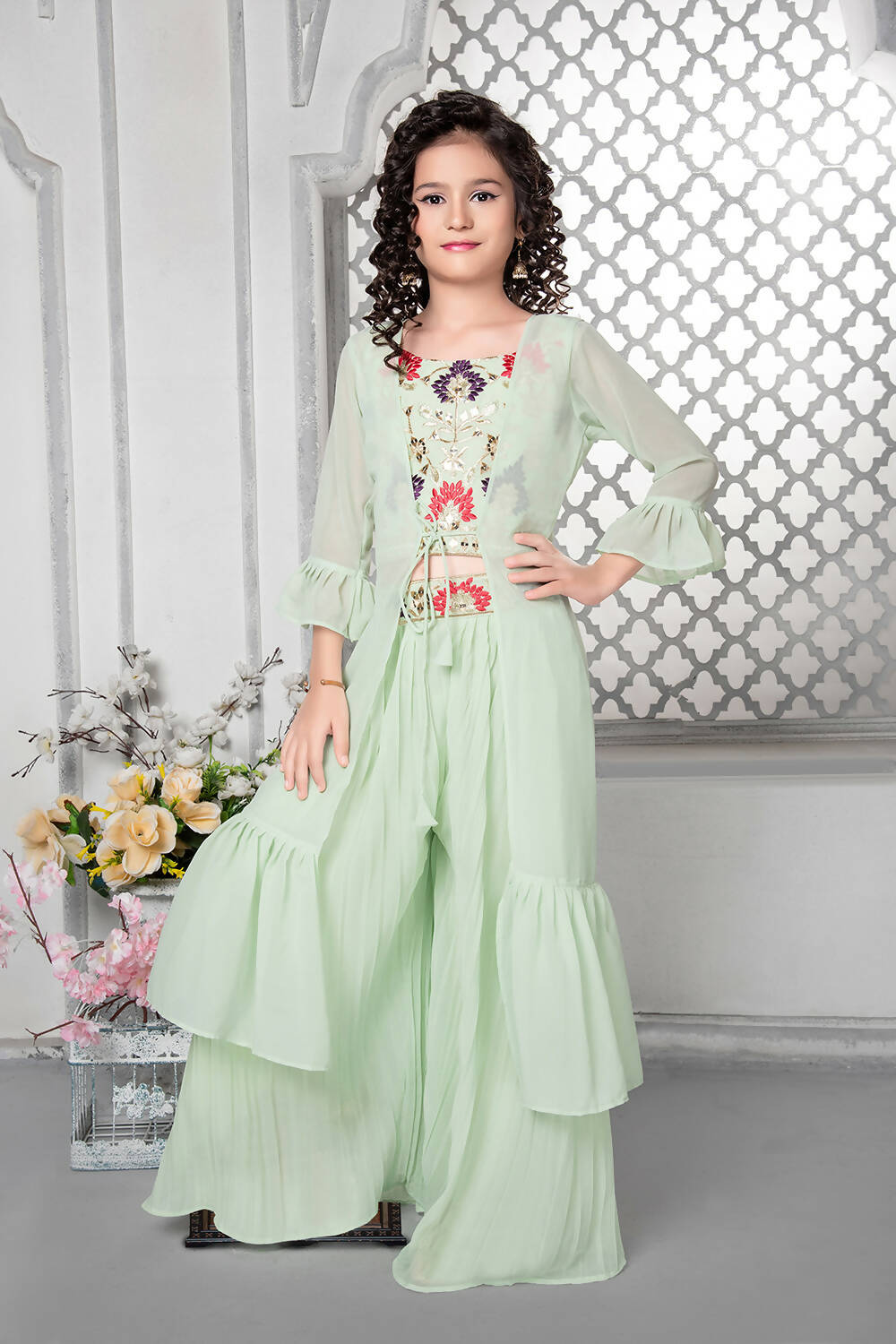 Kids Wedding Designer Aqua Fox Georgette Palazzo Suit - Aaradhna