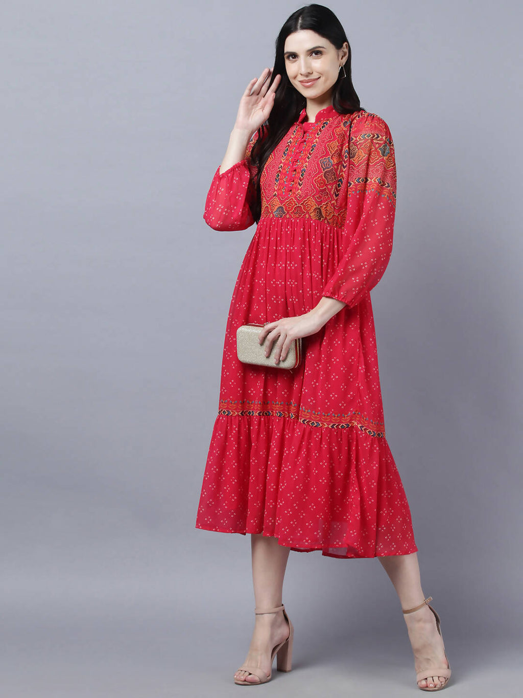 Myshka Stylish Red 3/4 Sleeve Women's Dress - Distacart