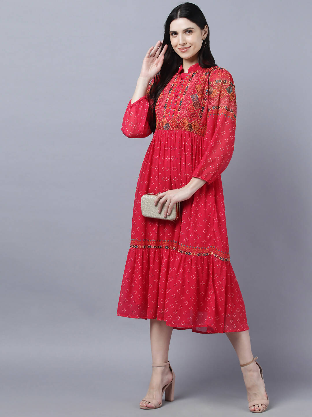 Myshka Stylish Red 3/4 Sleeve Women's Dress - Distacart
