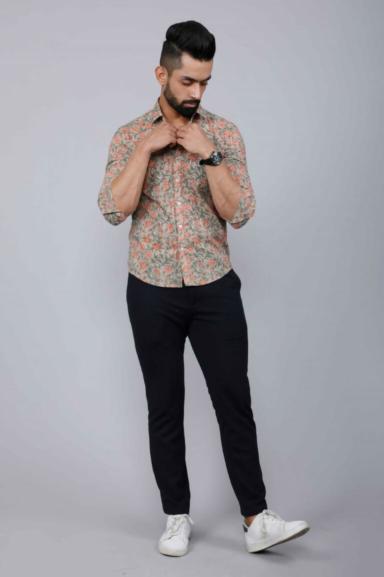 Miravan Men's Beige Comfort Floral Printed Casual Shirt