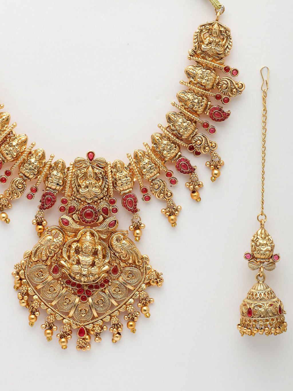 NVR Women's Gold-Polished Pink Stone Studded Lakshmi Temple Jewellery Set