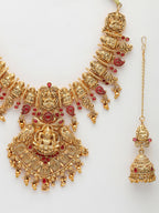 NVR Women's Gold-Polished Pink Stone Studded Lakshmi Temple Jewellery Set