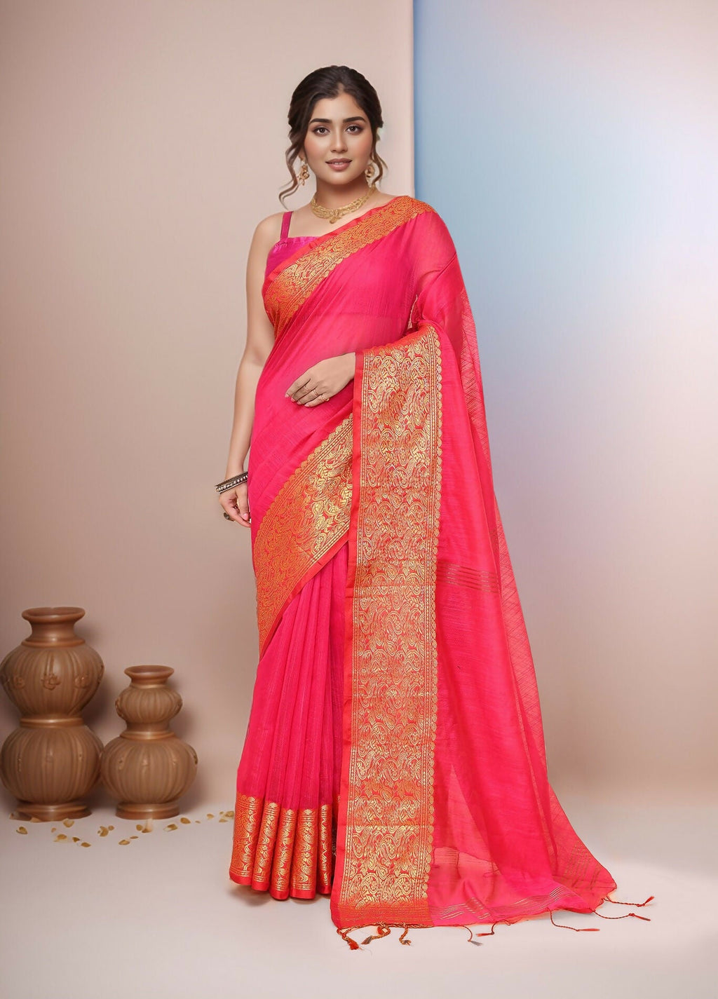 Joban Fashion Pink Cotton Blend Handloom Saree