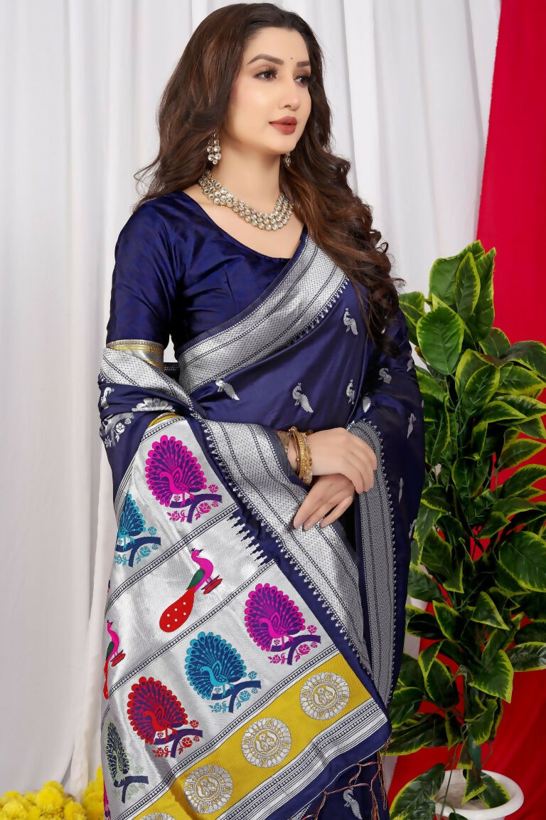 Jyoti Fashion Women's Navy Blue Paithani Silk Zari Woven Saree with Blouse