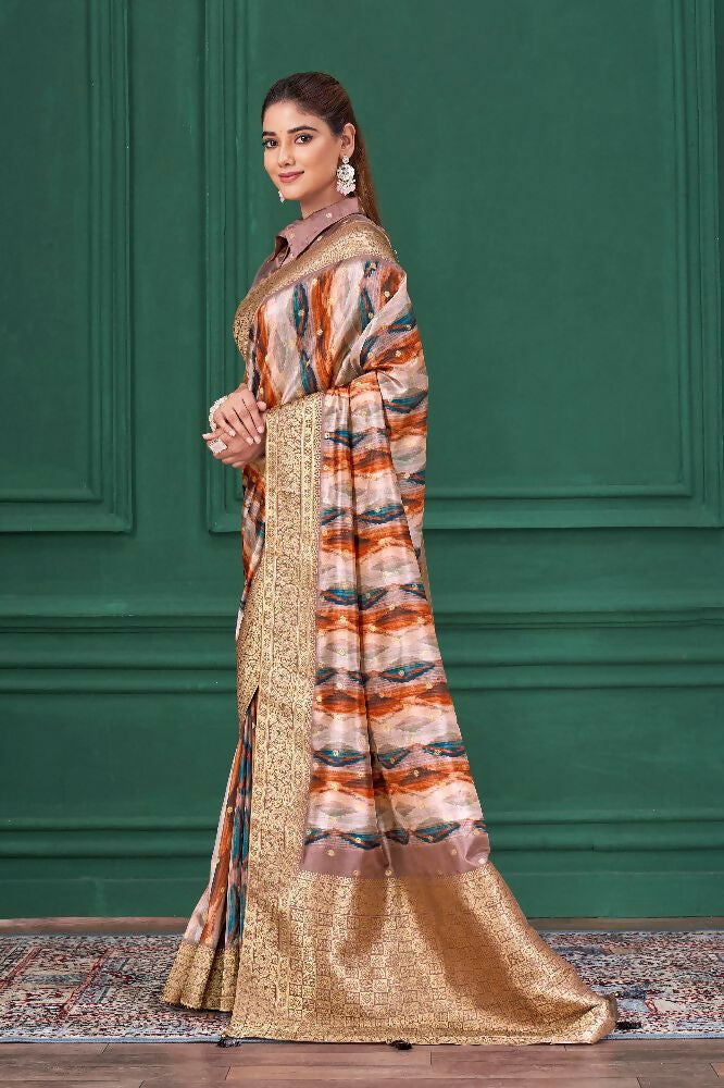 Lilac Purple Tussar Silk Jacquard Abstract Digital Print Saree with Unstitched Blouse - Mohira