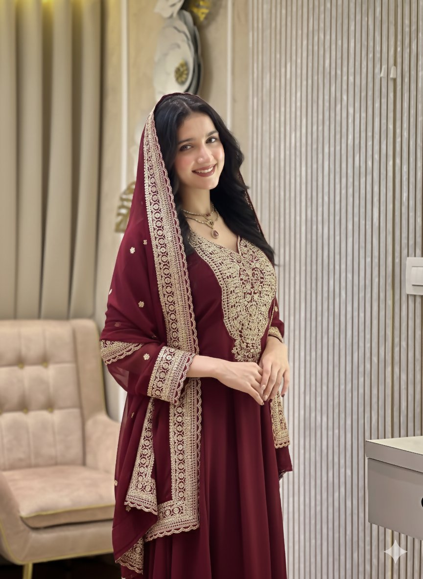 Teeya Creation Maroon Color Faux Georgette Embroidery Work Long Party Wear Gown
