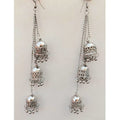 Silver Oxidized Kashmiri Hanging Triple Jhumkas Chain Earrings For Parties