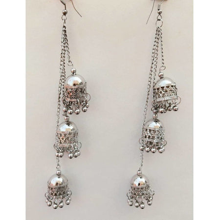 MS Fashion India Silver Oxidized Kashmiri Hanging Triple Jhumkas Chain Earrings For Parties