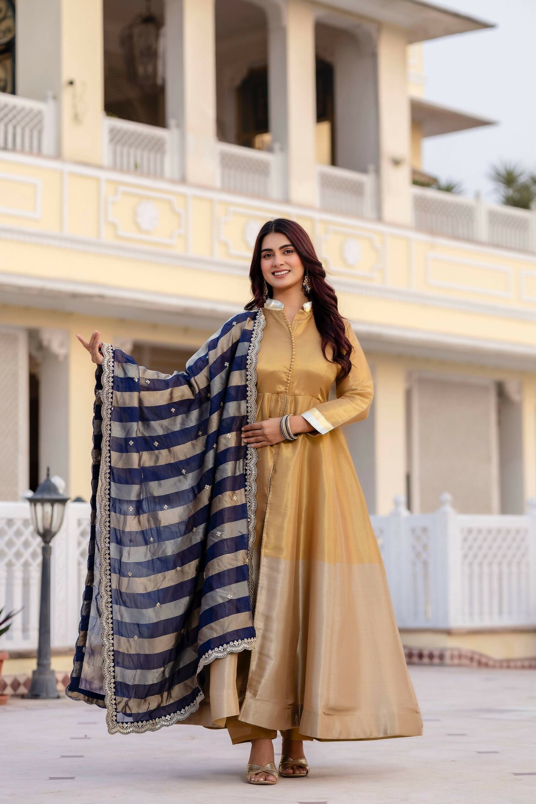 Teeya Creation Multi Color Pure Banarasi Viscose Wedding Wear Long Gown - Distacart