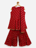 Ahalyaa Maroon Georgette Gold Foil Print Kids Peplum style Kurta Sharara Set With Dupatta For Girls