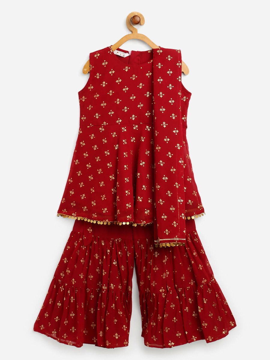 Ahalyaa Maroon Georgette Gold Foil Print Kids Peplum style Kurta Sharara Set With Dupatta For Girls
