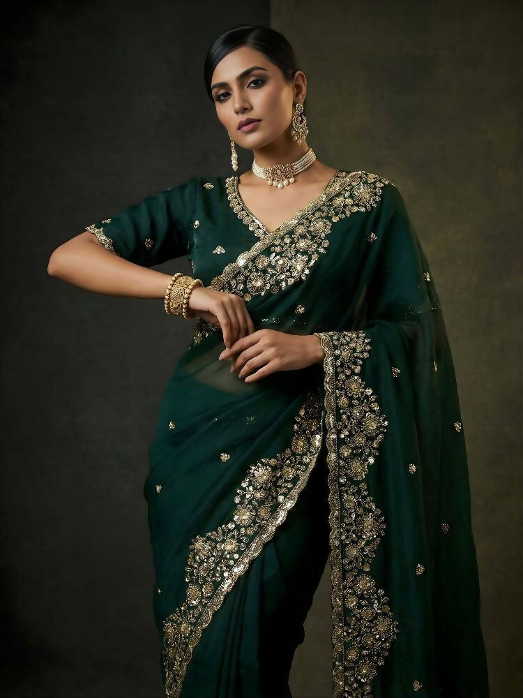 Joban Fashion Green Fandy Satin Silk Party Wear Sarees - Distacart