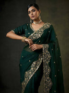 Joban Fashion Green Fandy Satin Silk Party Wear Sarees - Distacart