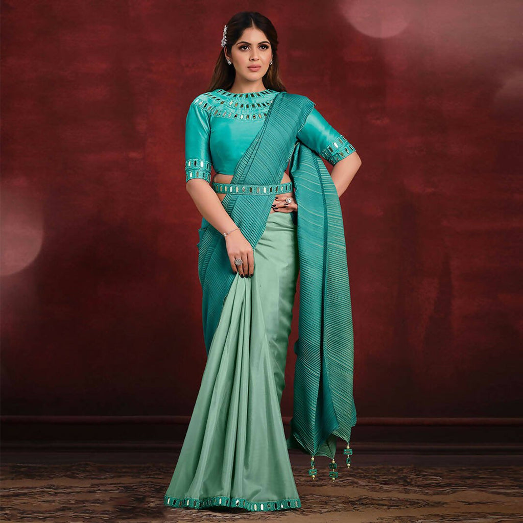Aqua Blue Crepe Silk Georgette Mirror Thread Work/ Texture Pallu Saree - Mohmanthan Kimiya
