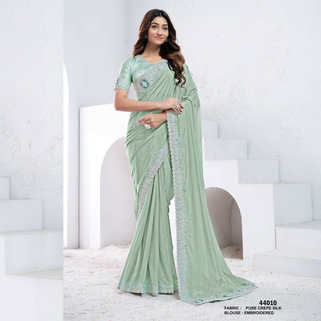 Sea Green Pure Crepe Silk Dual Sequence With Applic Work Saree With Unstitched Blouse - Norita Swaraa