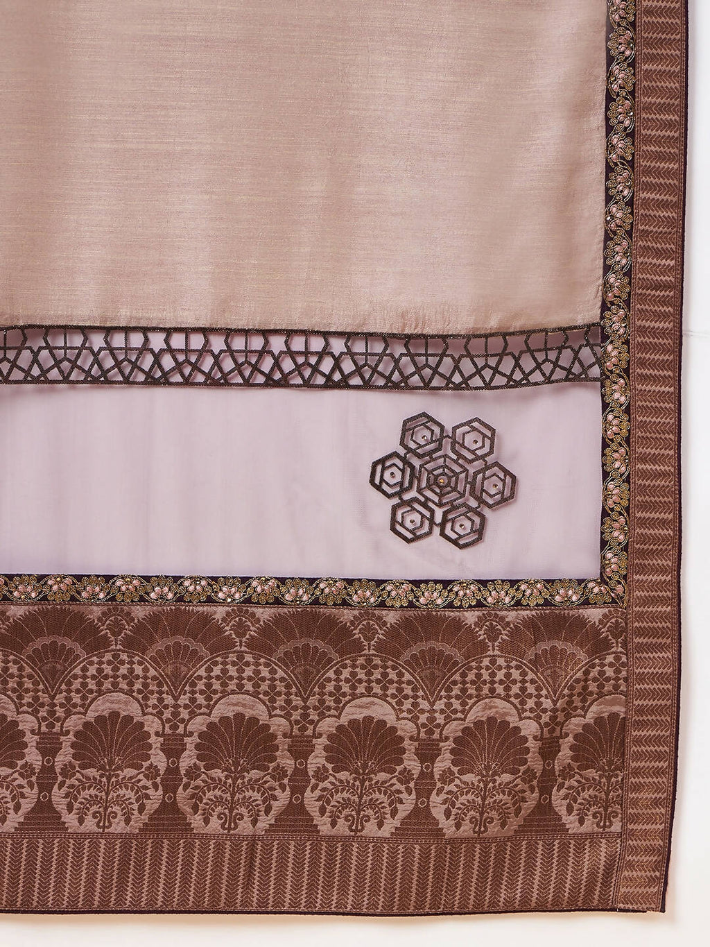 Beige, Purple Tussar Silk Zari, Thread And Cord Embroidery, Laser Cut Applique Saree - Norita Hit Design