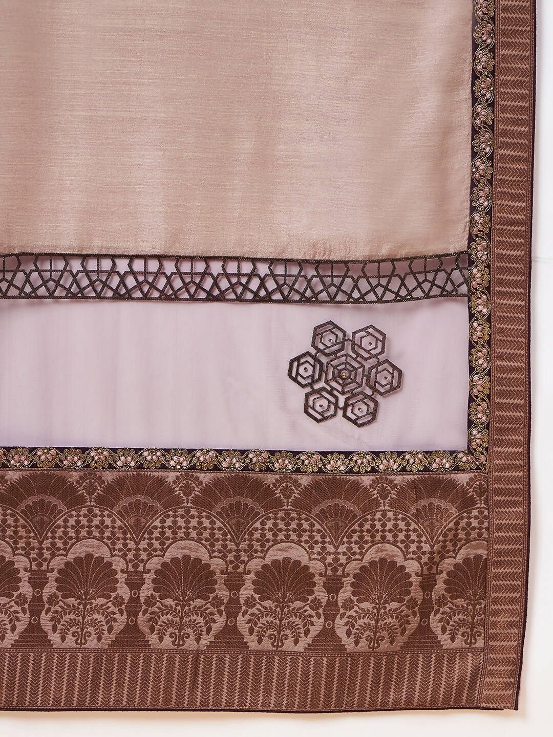 Beige, Purple Tussar Silk Zari, Thread And Cord Embroidery, Laser Cut Applique Saree - Norita Hit Design