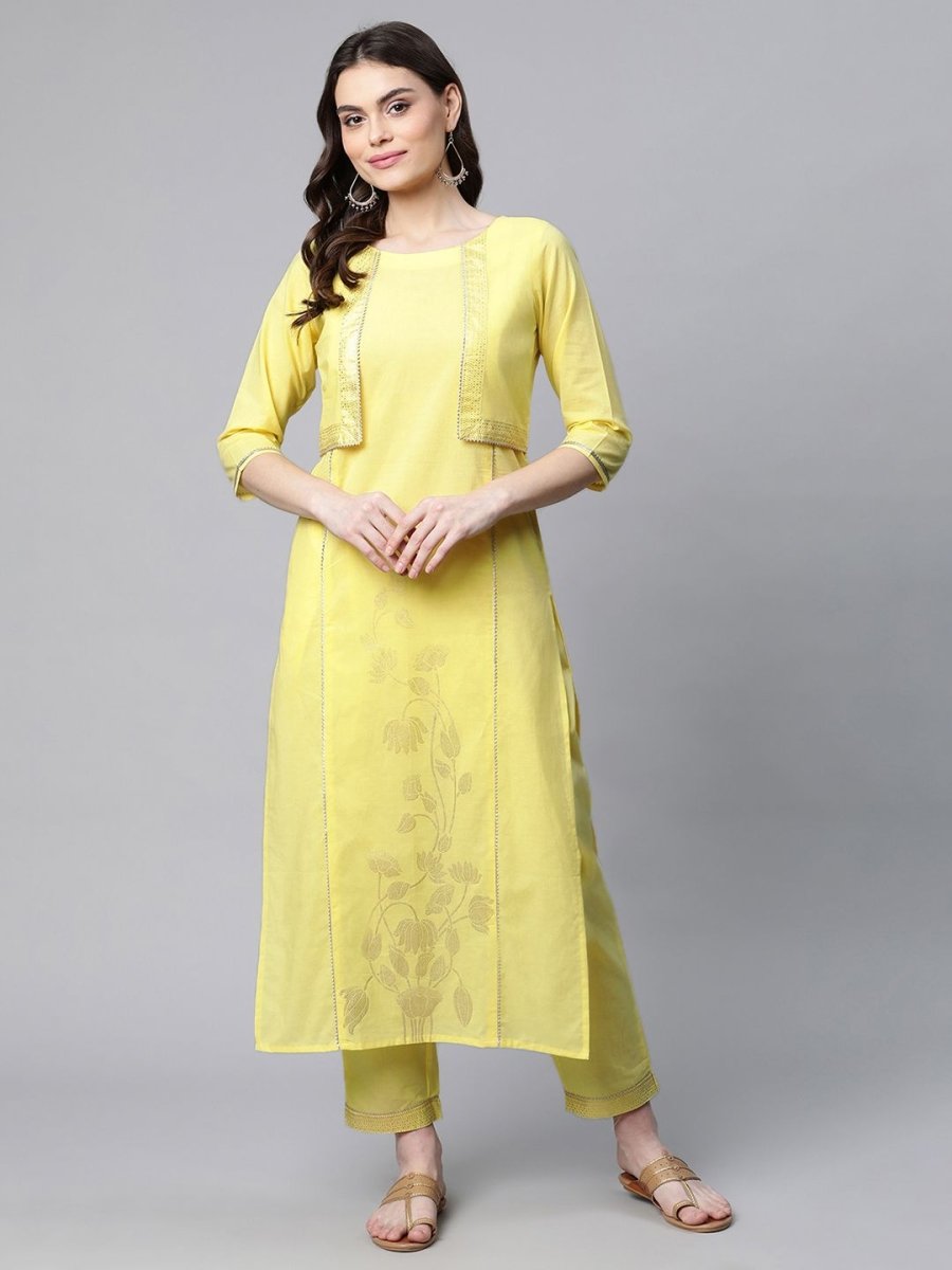 Ahalyaa Women Yellow Pure Cotton Printed Floral Kurta With Trousers - Distacart