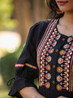 Juniper Women's Black Cotton Solid With Embroidered Straight Tunic - Distacart