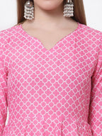 Myshka Pink Color Cotton Blend Printed Anarkali Kurta With Dupatta