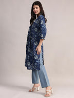 Aavyora Women's Navy Blue Floral Printed Cotton A-Line Kurta with Pintuck Detailing