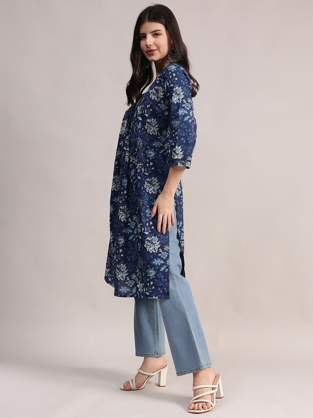 Aavyora Women's Navy Blue Floral Printed Cotton A-Line Kurta with Pintuck Detailing