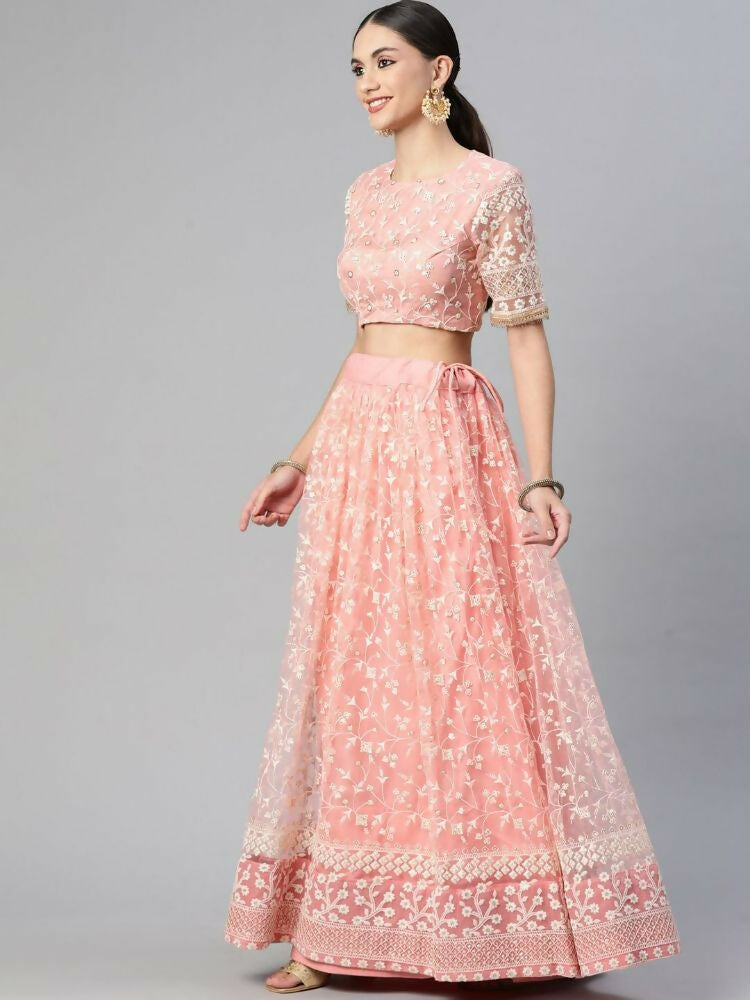 Peach Soft Net Thread Embroidery Work Lehenga Choli - Jihu Culture