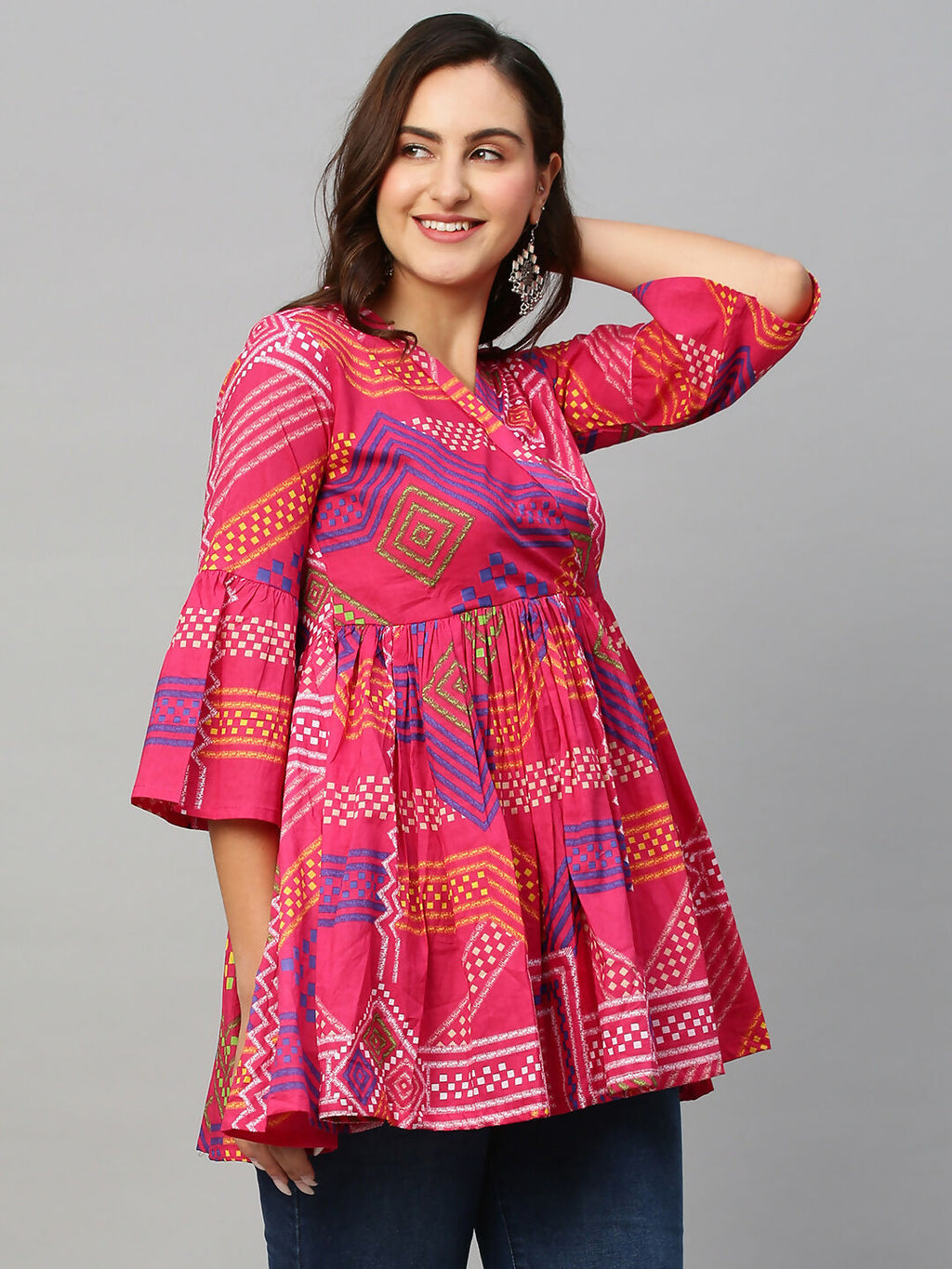 Pink Cotton Geometric Printed A-line Top - Bosky