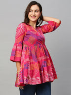 Pink Cotton Geometric Printed A-line Top - Bosky