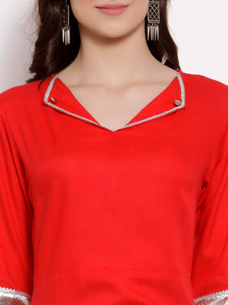 Myshka Women's Red Cotton 3/4 Sleeve V Neck Solid Casual Anarkali Kurta Dupatta Set
