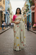 Teeya Creation Cream Rangoli Silk Embroidery Work Party Wear Designer Saree - Distacart