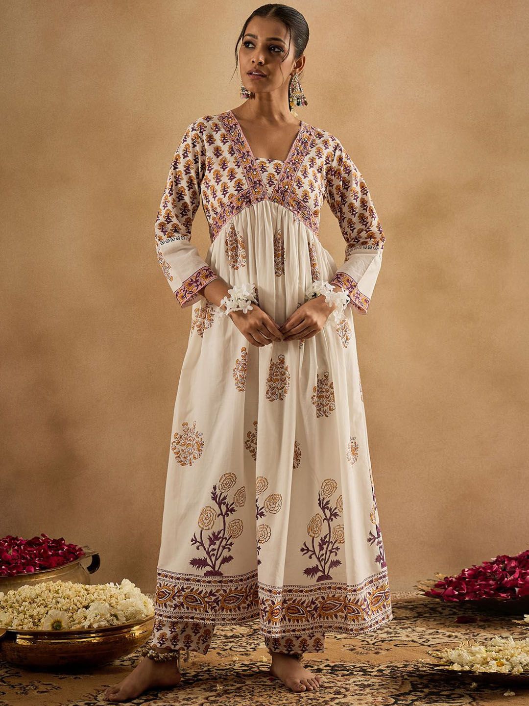 Indo Era Women Floral Printed Empire Pure Cotton Kurta with Trousers & With Dupatta - Distacart