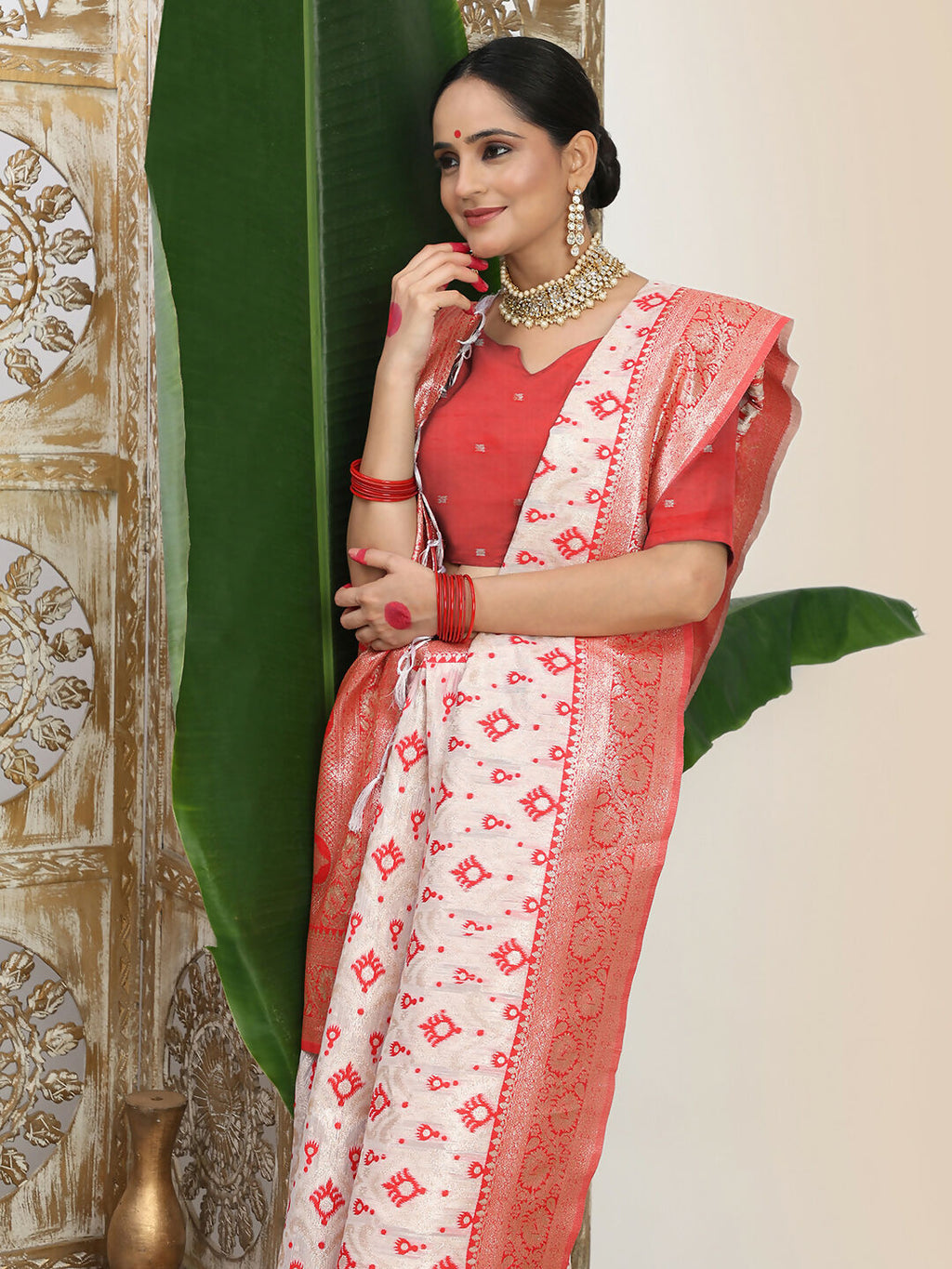 Shree Shyam Fashion Linen Cotton Red & White Saree - Distacart