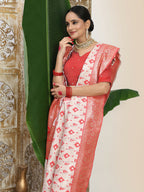 Shree Shyam Fashion Linen Cotton Red & White Saree - Distacart