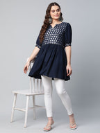 Ahalyaa Women Navy Blue Rayon Silver Foil Print Tunic - Distacart