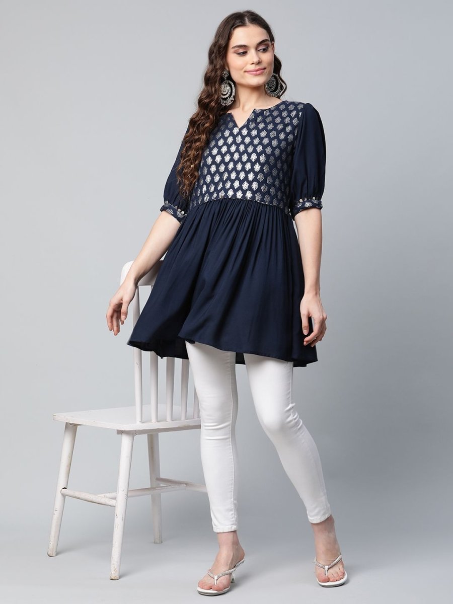 Ahalyaa Women Navy Blue Rayon Silver Foil Print Tunic - Distacart