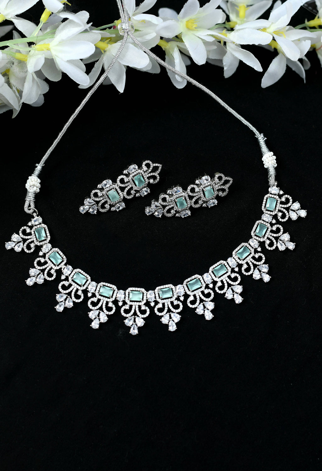 Mominos Fashion Johar Kamal Silver-Plated American Diamond Pista Green Choker Set - Distacart