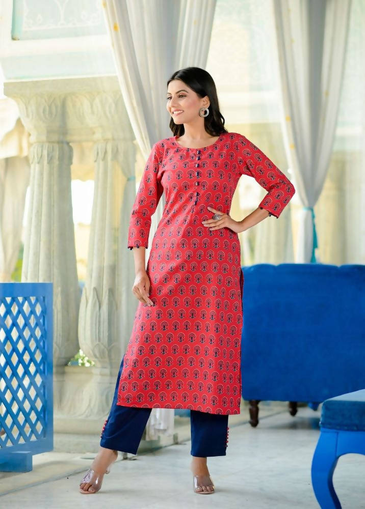 Yufta Women's Red Handblock Printed Kurta Set