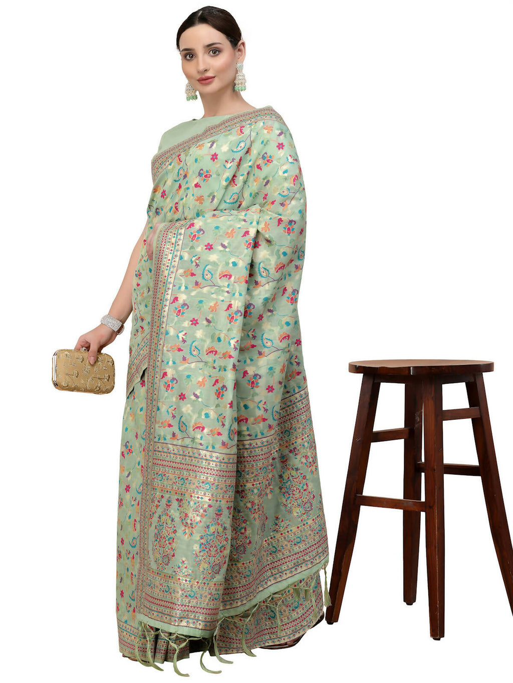 Sea Green Silk Blend Woven Design Saree With Unstitched Blouse Piece - Aloki