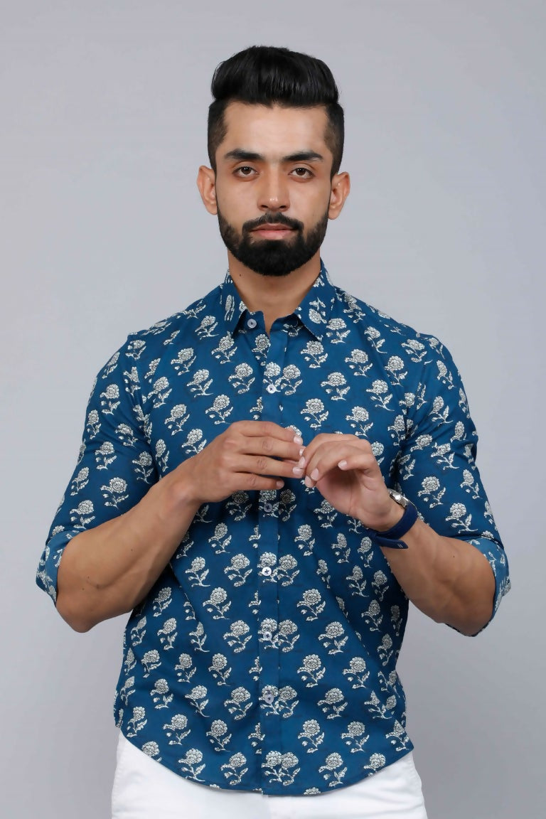Miravan Men's Blue Spread Collar Floral Print Casual Shirt