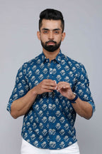 Miravan Men's Blue Spread Collar Floral Print Casual Shirt