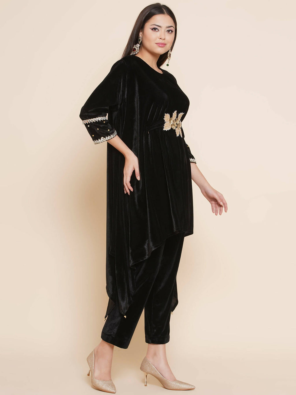 Women Republic Black Velvet Kaftaan Style Kurta With Pants - Distacart