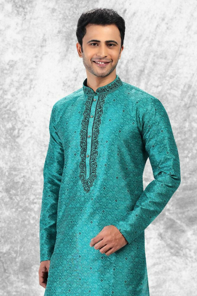 Raivat Ethnic Jacquard Silk Brocade Thread Work Kurta Pajama In Teal Green Colour