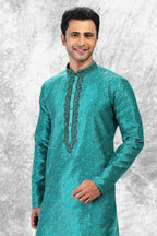 Raivat Ethnic Jacquard Silk Brocade Thread Work Kurta Pajama In Teal Green Colour