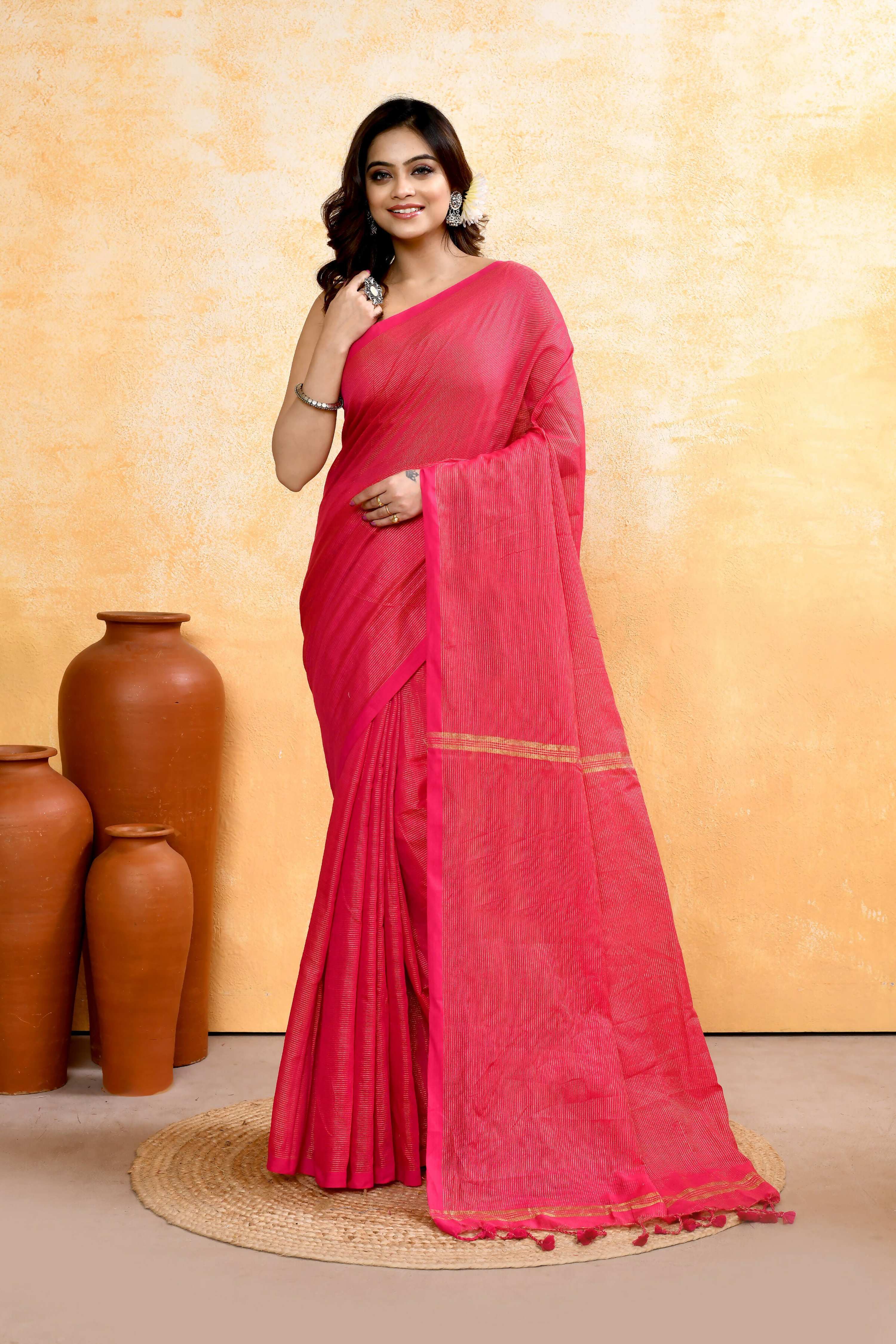 Piyari Fashion Women's Rani Pink Embellished Cotton Blend Zari Check Handloom Saree - Distacart