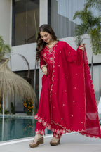 The52 Women's Beautiful Vichitra Silk Fabric Embroidery Work Flared Anarkali Pant and Dupatta Set - Distacart