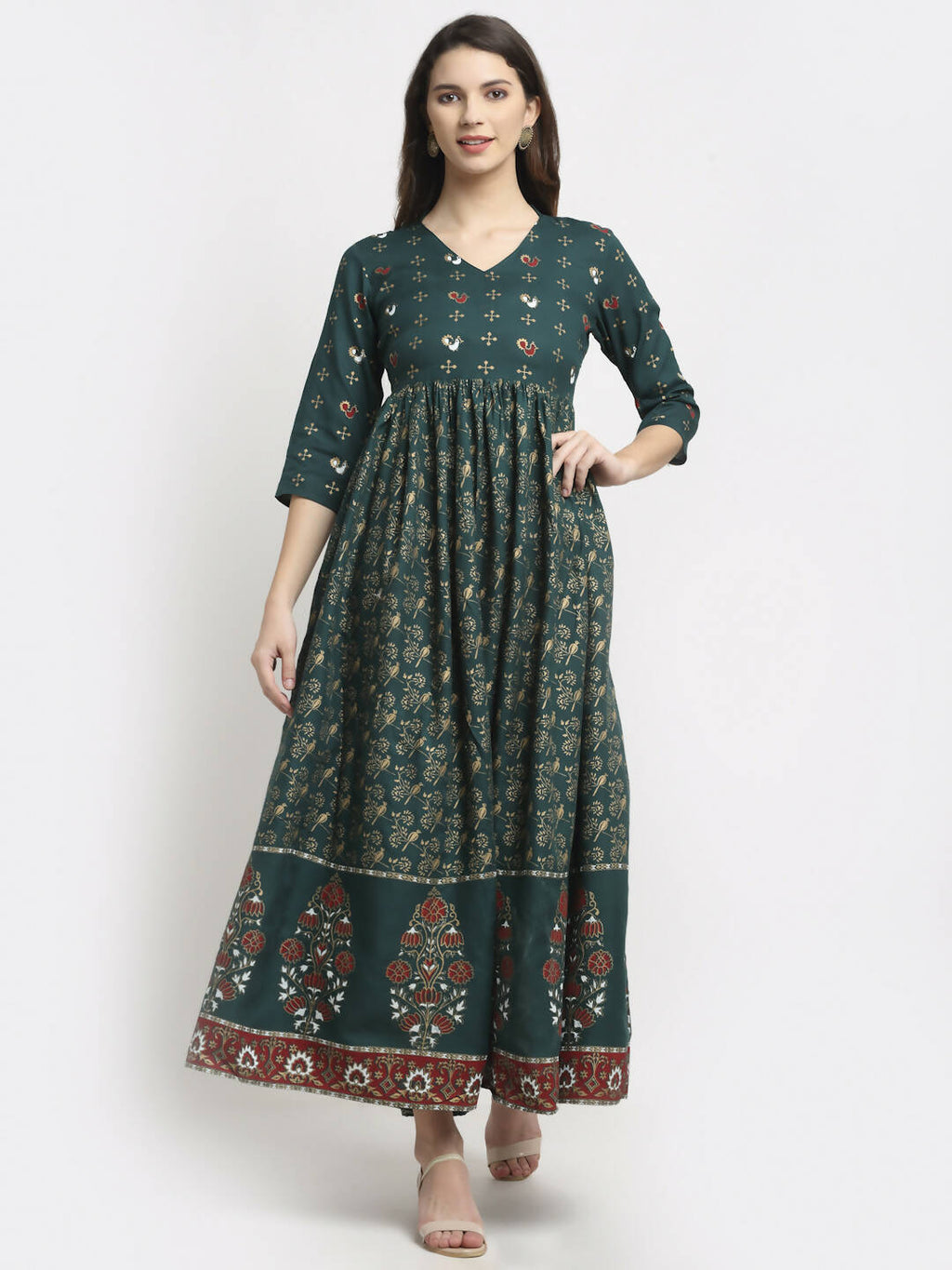 Rudra Bazaar Floral Printed A-Line Flared Green Kurti - Distacart